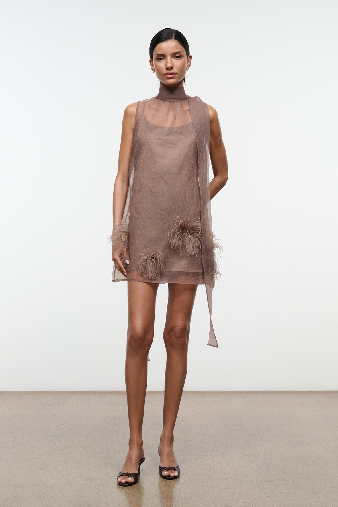STAUD | Albee Mini Dress In Truffle - Sheer Organza Overlay