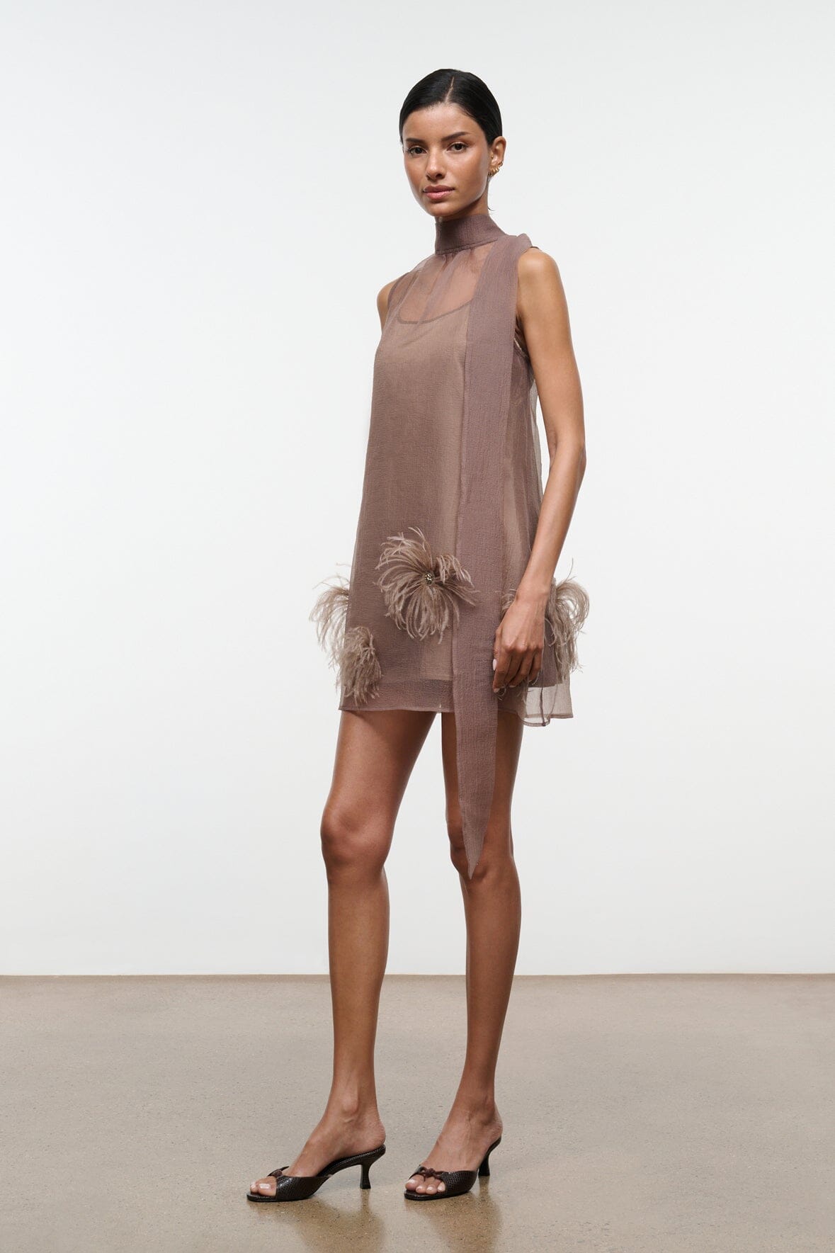 STAUD | Albee Mini Dress In Truffle - Sheer Organza Overlay