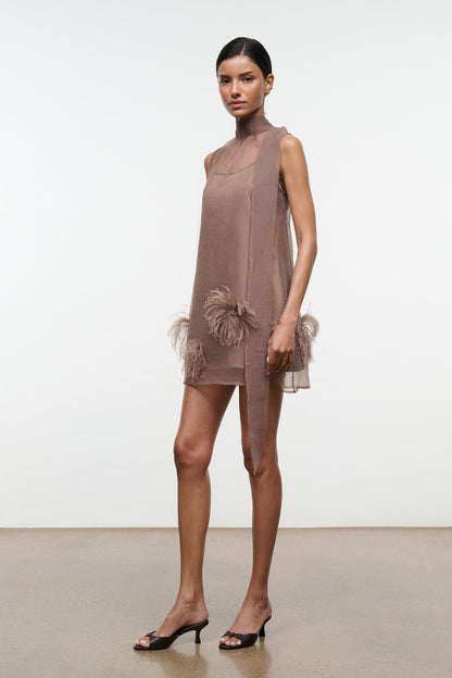 STAUD | Albee Mini Dress In Truffle - Sheer Organza Overlay