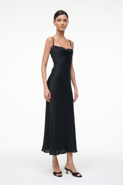 STAUD | Evangeline Silk Midi Dress Black