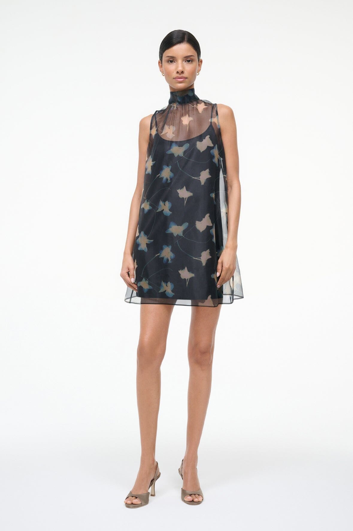 STAUD | Albee Mini Dress - Dark Floral Sheer Organza With High Neck