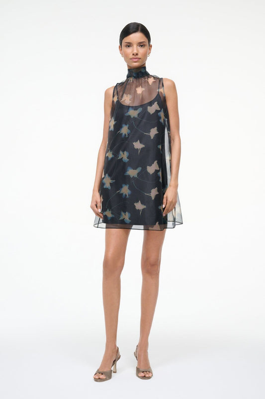 STAUD | Albee Mini Dress - Dark Floral Sheer Organza With High Neck