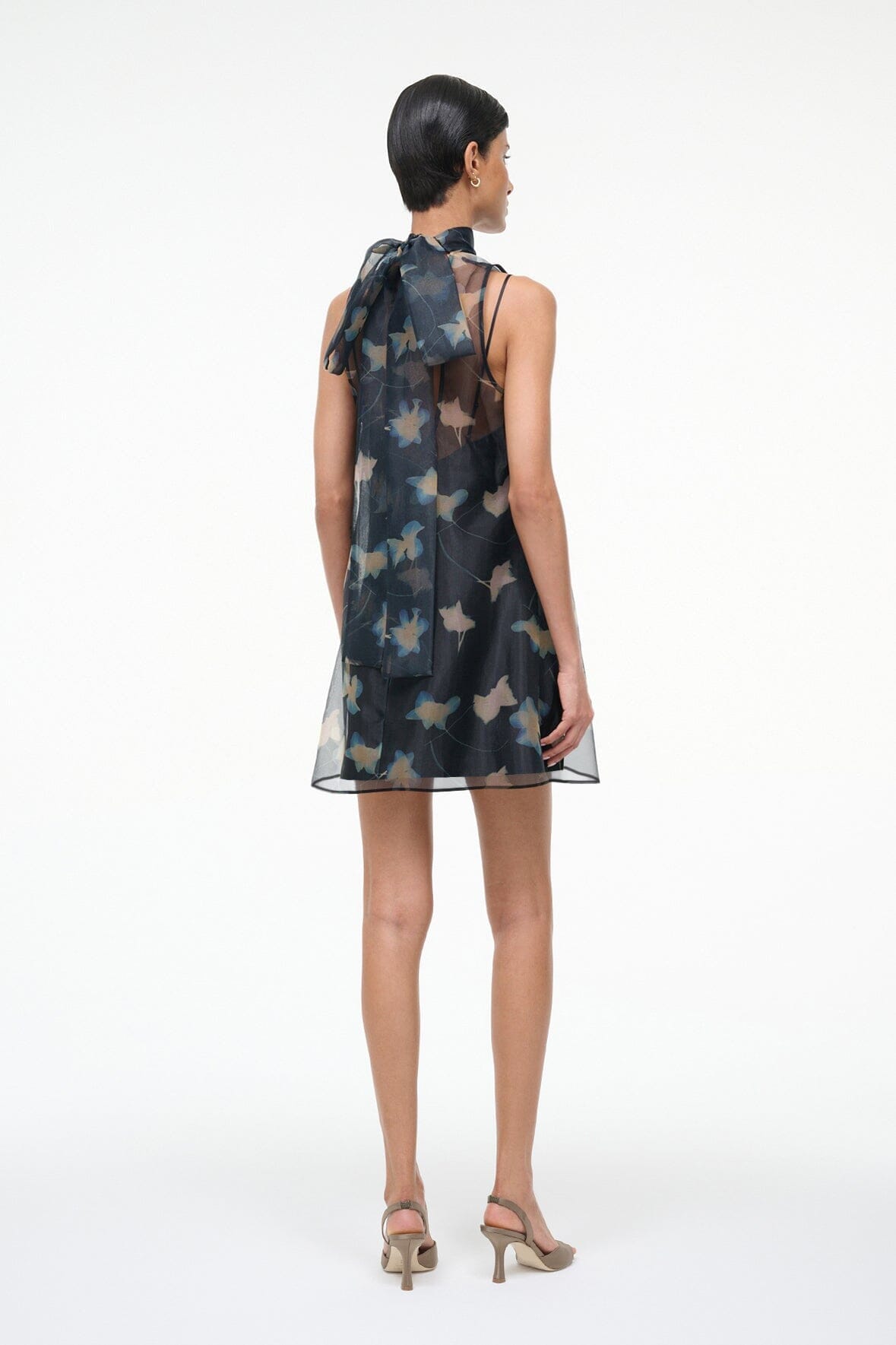 STAUD | Albee Mini Dress - Dark Floral Sheer Organza With High Neck