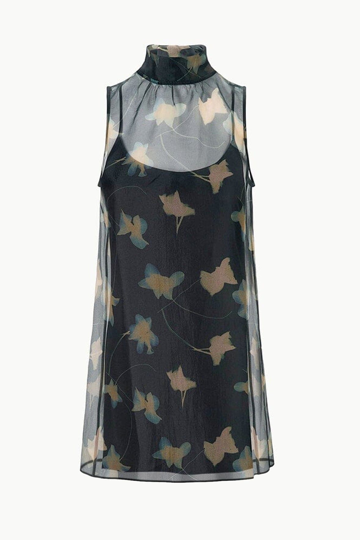 STAUD | Albee Mini Dress - Dark Floral Sheer Organza With High Neck