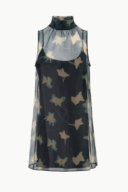 STAUD | Albee Mini Dress - Dark Floral Sheer Organza With High Neck