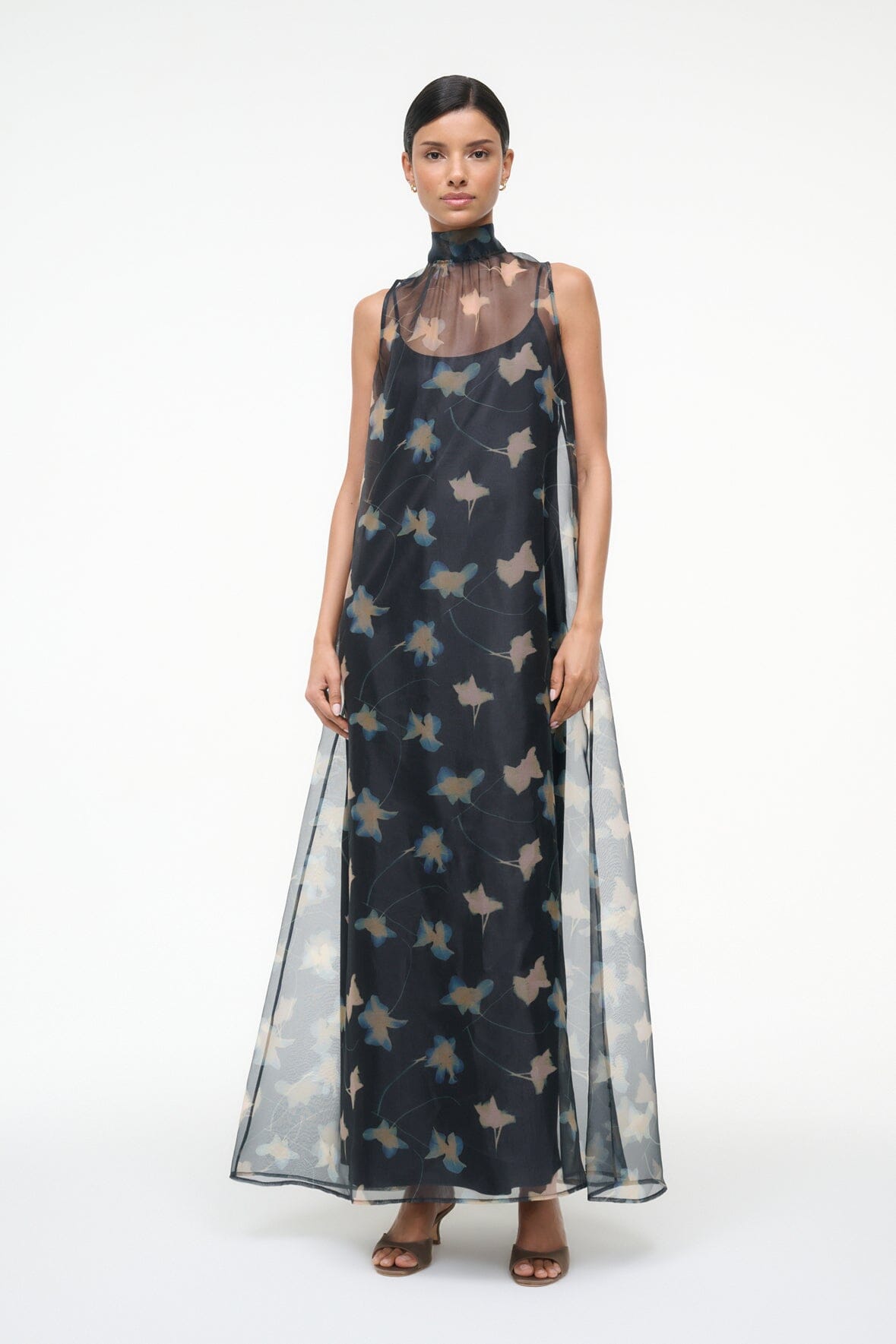 STAUD | Albee Dress - Sheer Dark Floral Organza With High Neck