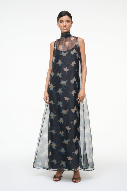 STAUD | Albee Dress - Sheer Dark Floral Organza With High Neck