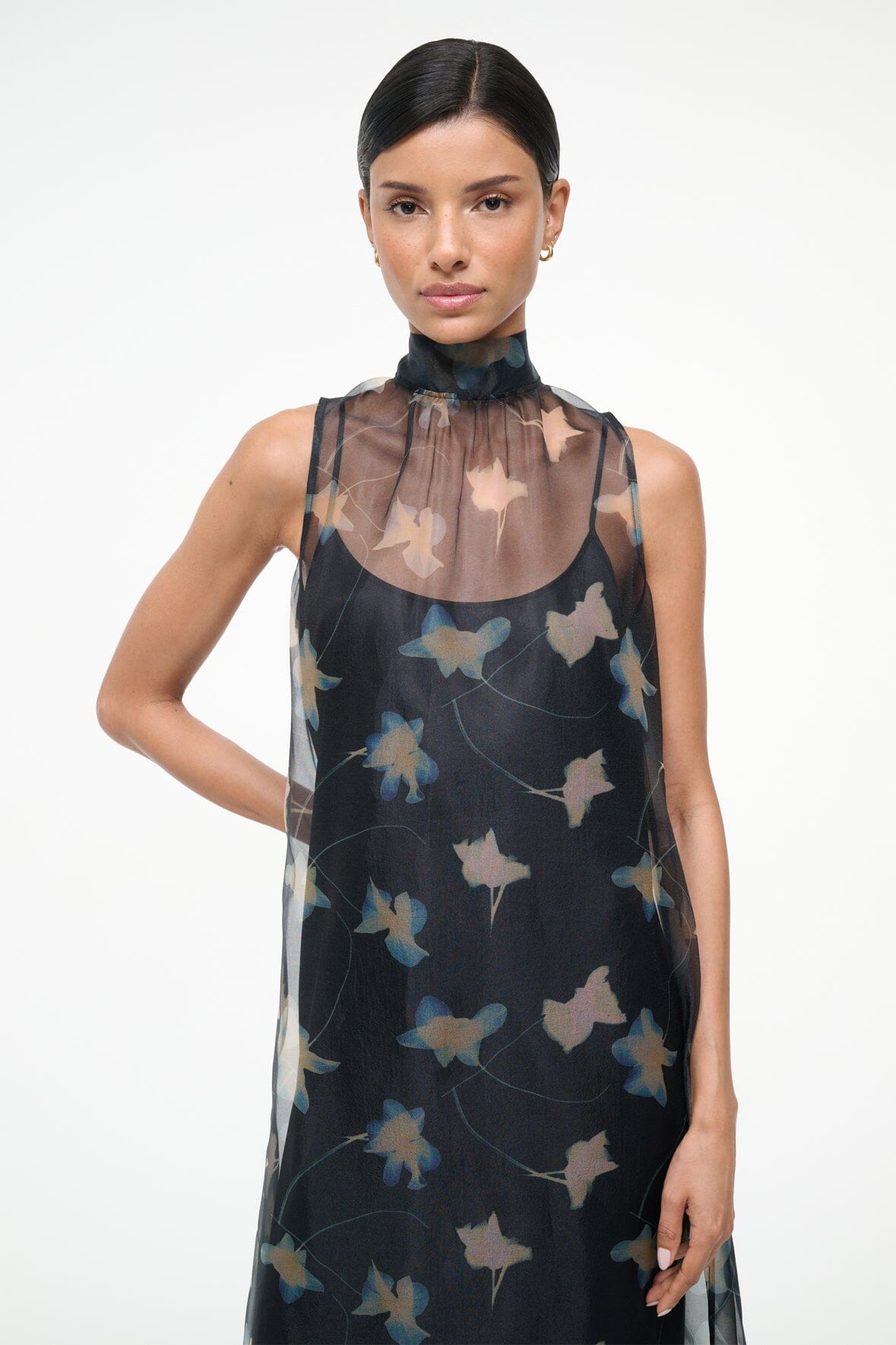 STAUD | Albee Dress - Sheer Dark Floral Organza With High Neck