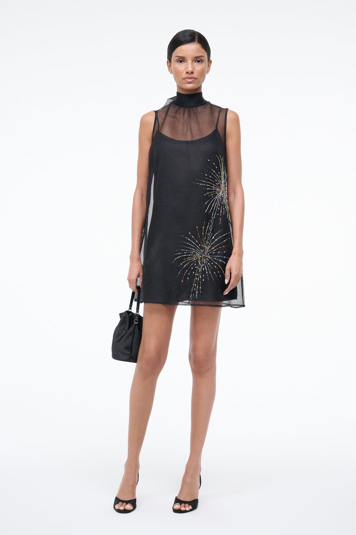 STAUD | Albee Mini Dress In Sheer Black Beaded Organza