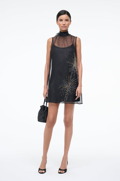 STAUD | Albee Mini Dress In Sheer Black Beaded Organza