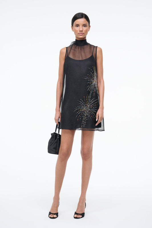 STAUD | Albee Mini Dress In Sheer Black Beaded Organza