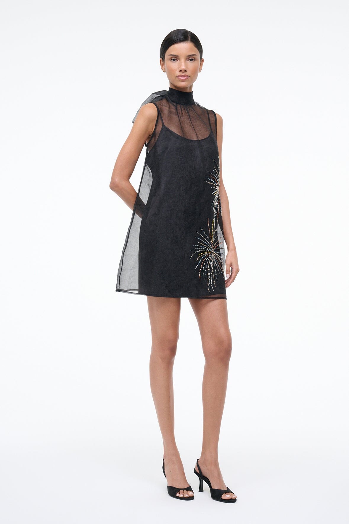 STAUD | Albee Mini Dress In Sheer Black Beaded Organza