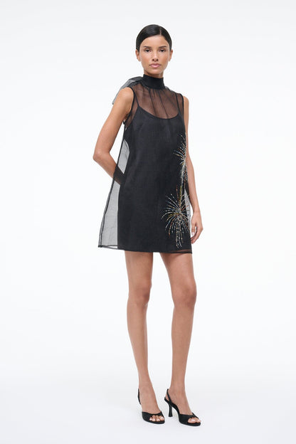 STAUD | Albee Mini Dress In Sheer Black Beaded Organza
