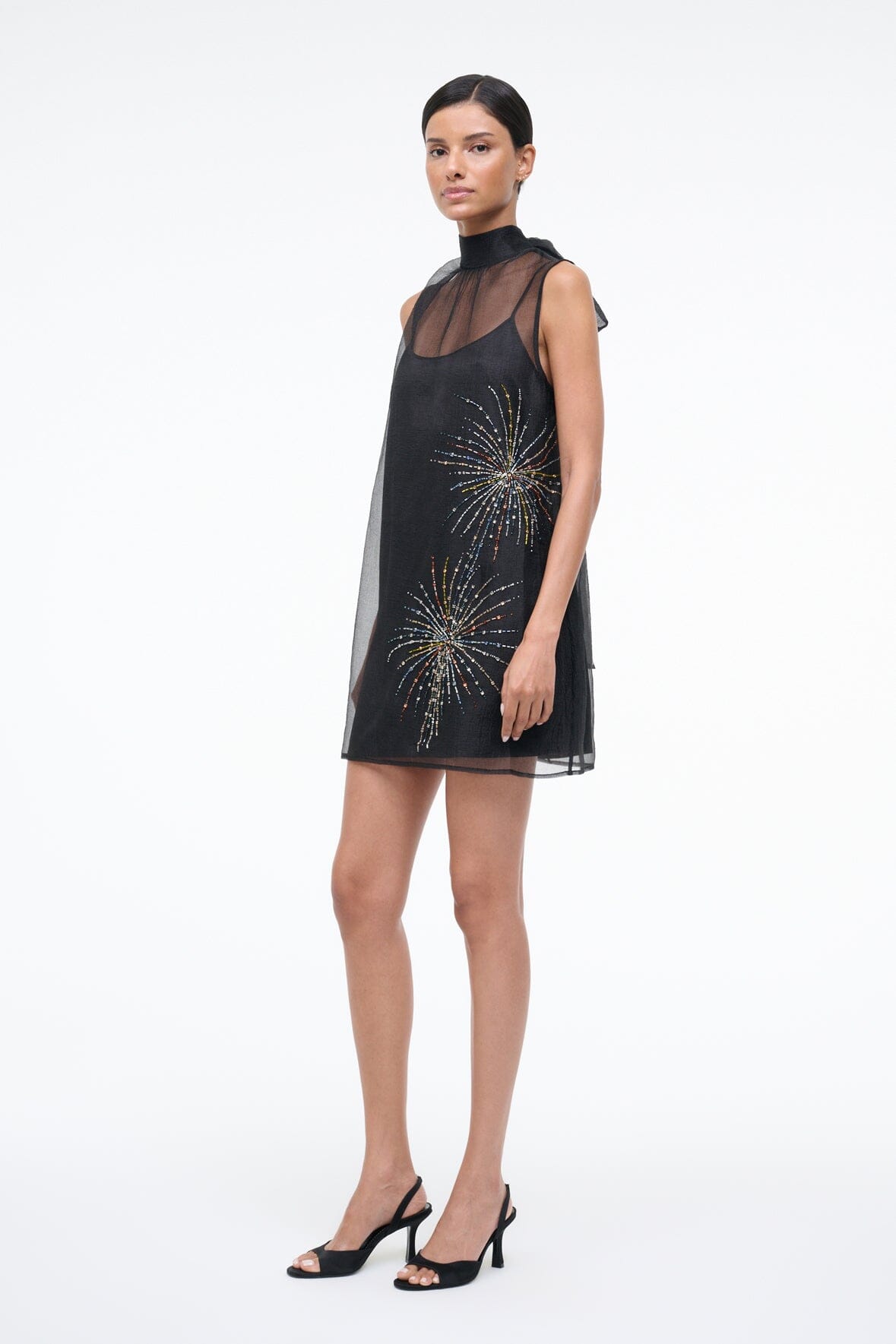 STAUD | Albee Mini Dress In Sheer Black Beaded Organza