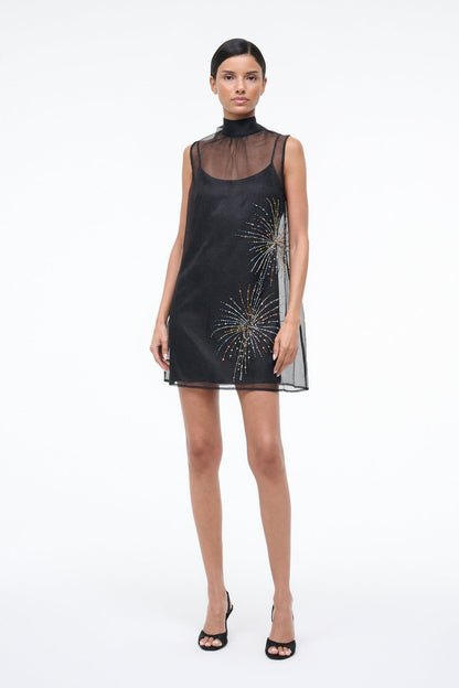 STAUD | Albee Mini Dress In Sheer Black Beaded Organza